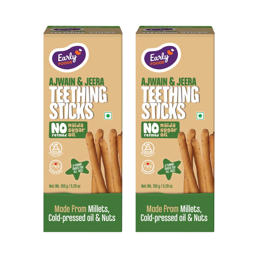 Early Foods - Pack of 2 - Whole Wheat Ajwain Jaggery Teething Sticks 150g X 2| Food Teether|Teether for kids