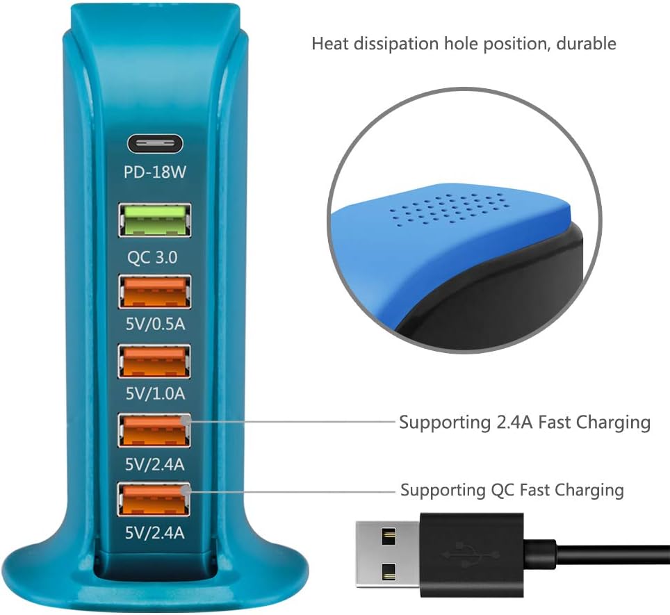 6-Port USB Desktop Charger, 6 Port USB HUB [Quick Charge QC3.0 + Type-C] Multi-Port Charger Hub,USB Charging Station with Fast IC Technology for Phones,Tablets Smartphones and More(Peacock Blue