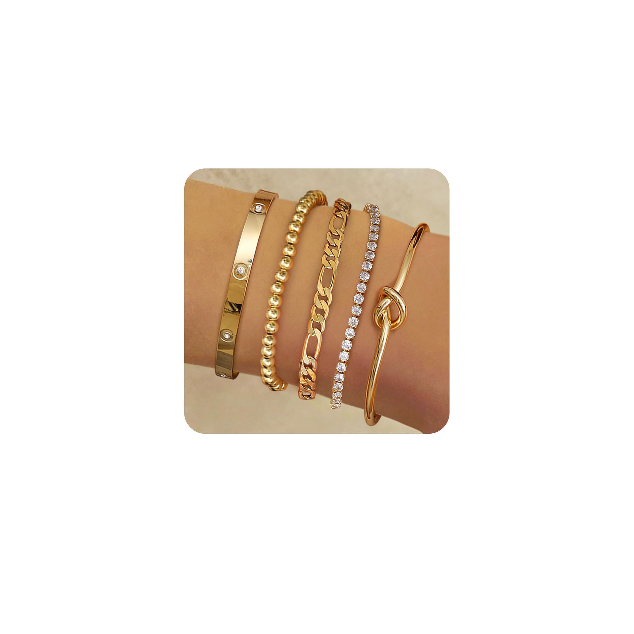 LBOYLOVE® 5 Pcs Gold Bracelets for Women, 14K Real Gold Bangle Cuff Bracelet Set, Hypoallergenic Beaded Paperclip Cubic Zirconia Tennis Chain Bracelet for Women Style-A