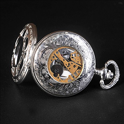 Fransande Antique Hunter Quartz Roman Numerals Pocket Watch for Men with Chain Silver - Image 5