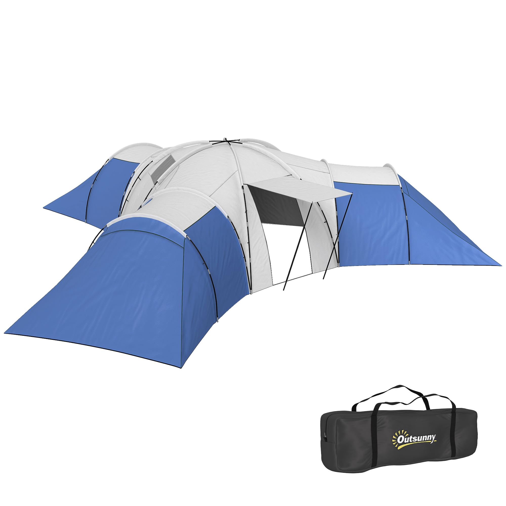 Outsunny 6-9 Man Large Tunnel Tent with 3 Bedroom, Living Area and Porch, Stand-up Camping Tent, Portable with Bag, for Fishing Hiking Festival, Blue
