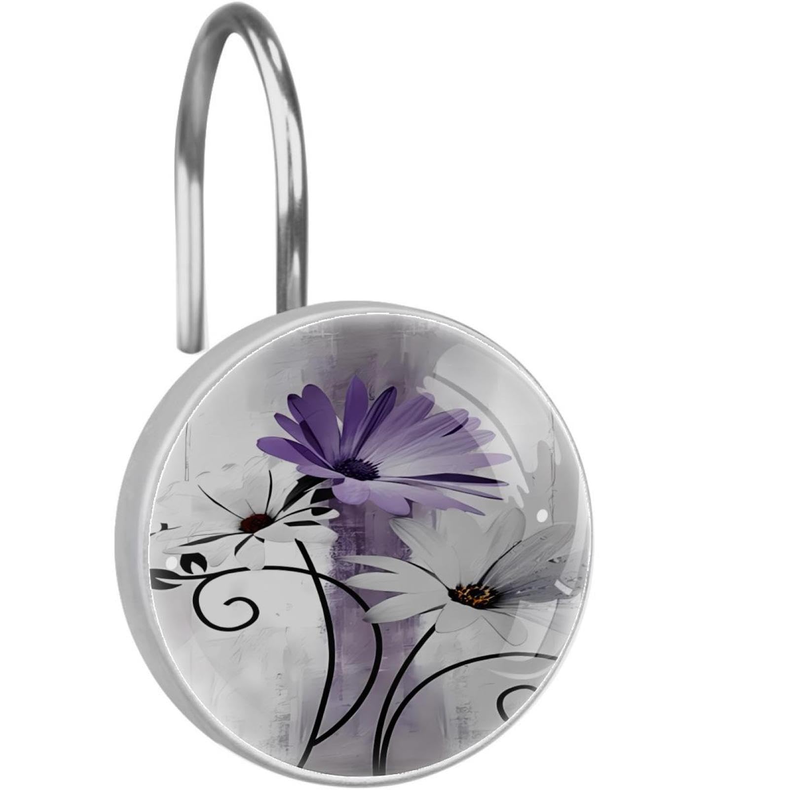 White Purple Daisy Decorative Shower Curtain Hooks Rings Set of 12 Hooks for Shower Curtain Rustproof Curtain Rings for Bathroom