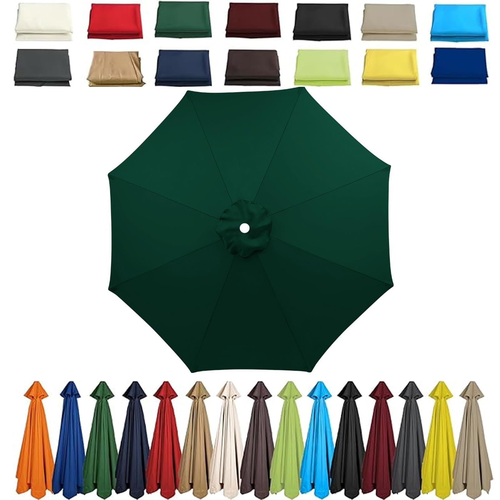 Garden Parasol Umbrella 4m/3.5m/3m/2.7m/2.5m/2.3m/2m Patio Outdoor Sun Shade Replacement Canopy 6 Arms/8Arms for Beach Pool Lawn Backyard Deck Waterproof UV 50+ (Dark green,6ribs:2.7M/8.8ft)
