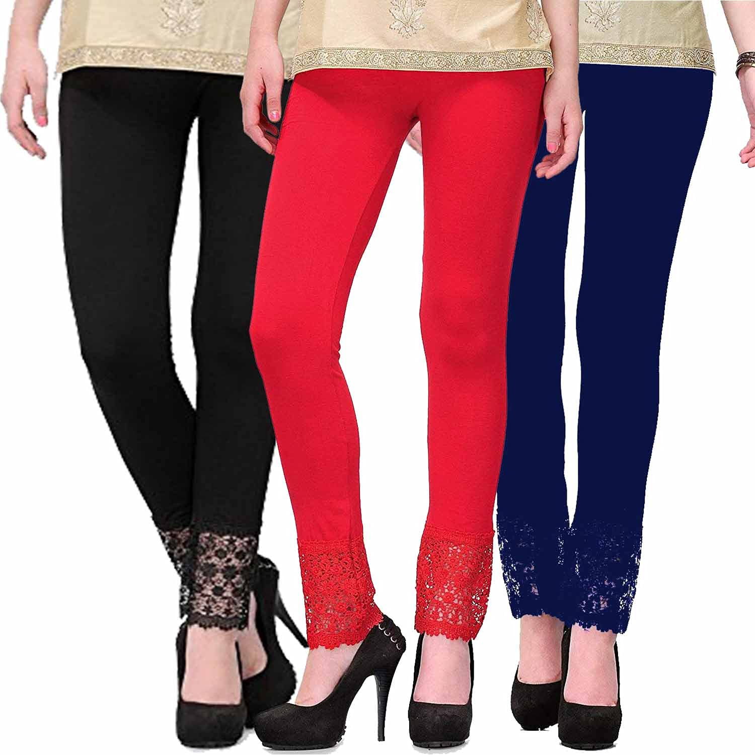 FablabWomen's Lace border leggings Combo pack of 3(Fit to Waist Size btw.26 inch to 32Inch)