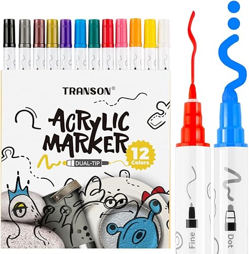 Miniatura 6 de TRANSON Juego de bolígrafos de pintura acrílica de doble punta de 12 colores para lienzo, roca, madera, cuero, cerámica, pintura de bricolaje