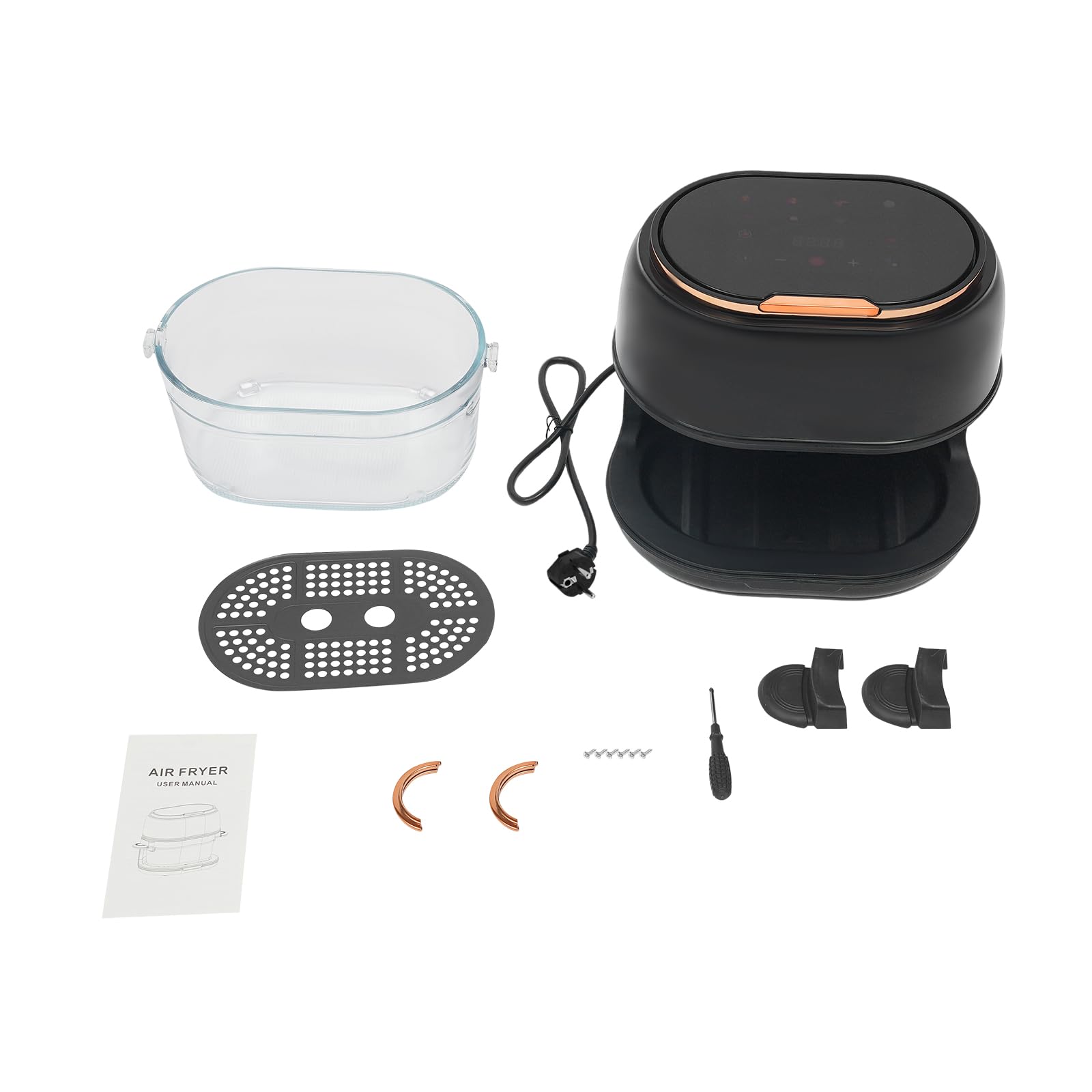 Freidora de aire caliente de 4 L con pantalla táctil y cesta de cristal visible, 1350 W, 220-240 V, 140-374 F, temporizador de 24 horas, freidora de aire caliente multifuncional para familia, patatas