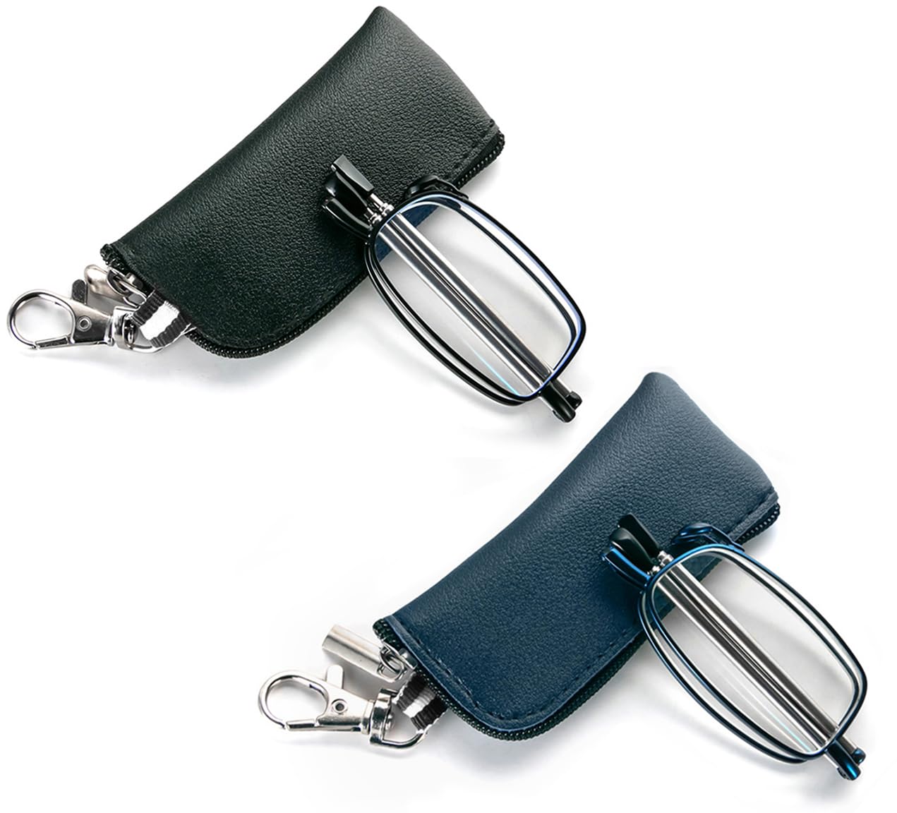 2 Pack Folding Reading Glasses for Men Women with Keychain Compact Bags Blue Light Blocking Portable Pocket Computer Readers,Black and Blue 2.25