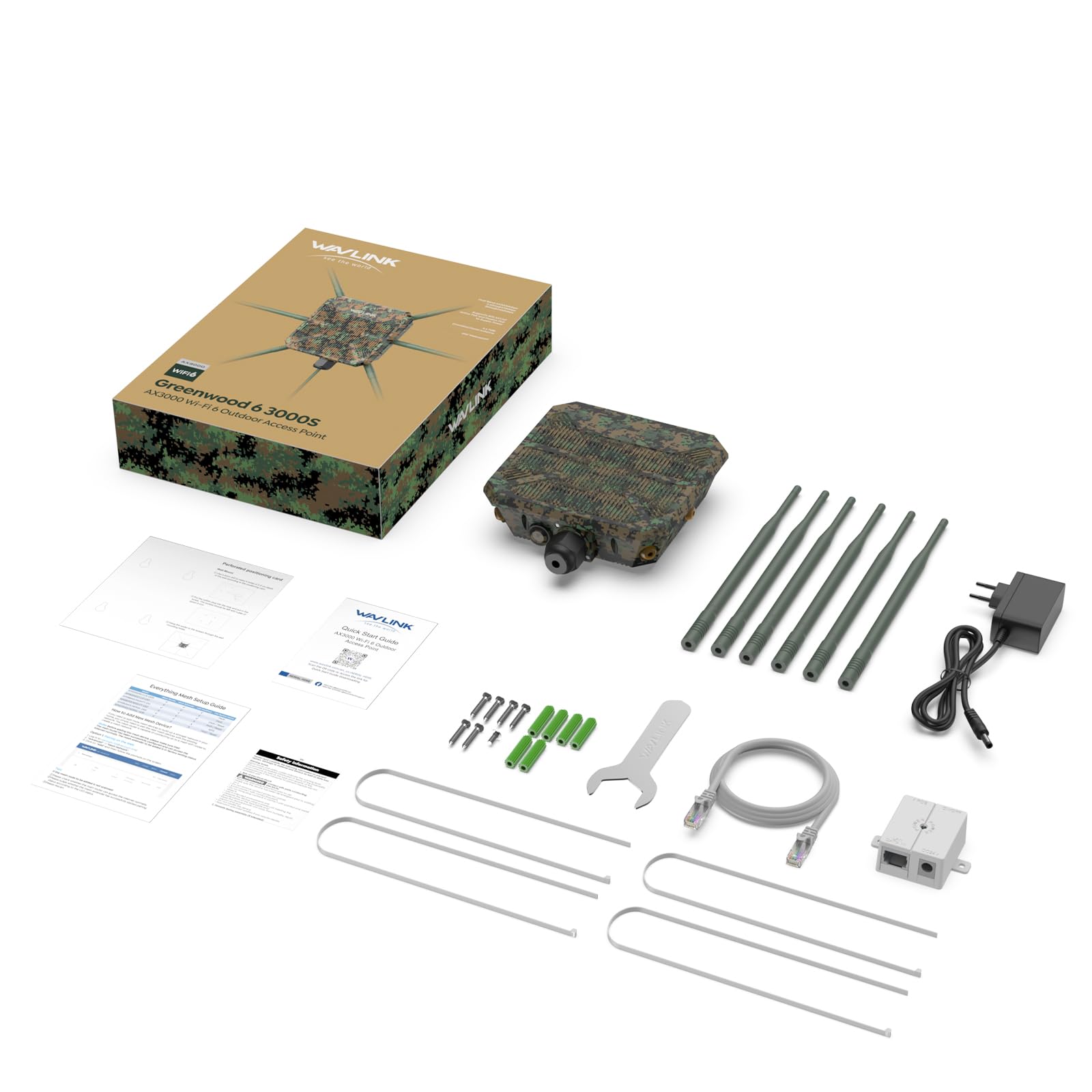 WAVLINK AX3000 Outdoor WLAN Repeater Greenwood, Dual Band Outdoor Access Point WiFi6 (2.4G/573M + 5G/2402M) mit aktivem/passivem PoE, 6x7dBi-Antennen, wetterfestem IP67-Gehäuse, Gigabit WAN/LAN