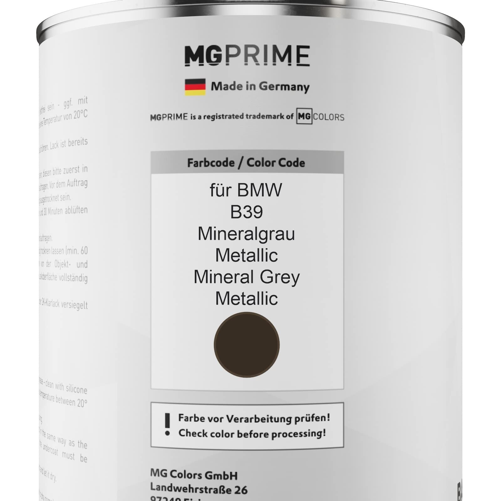 MG PRIME Peinture voiture kit de pot pour BMW B39 Mineralgrau Metallic/Mineral Grey Metallic couche de base vernis 2C durcisseur prêt à pulvériser 2,5l