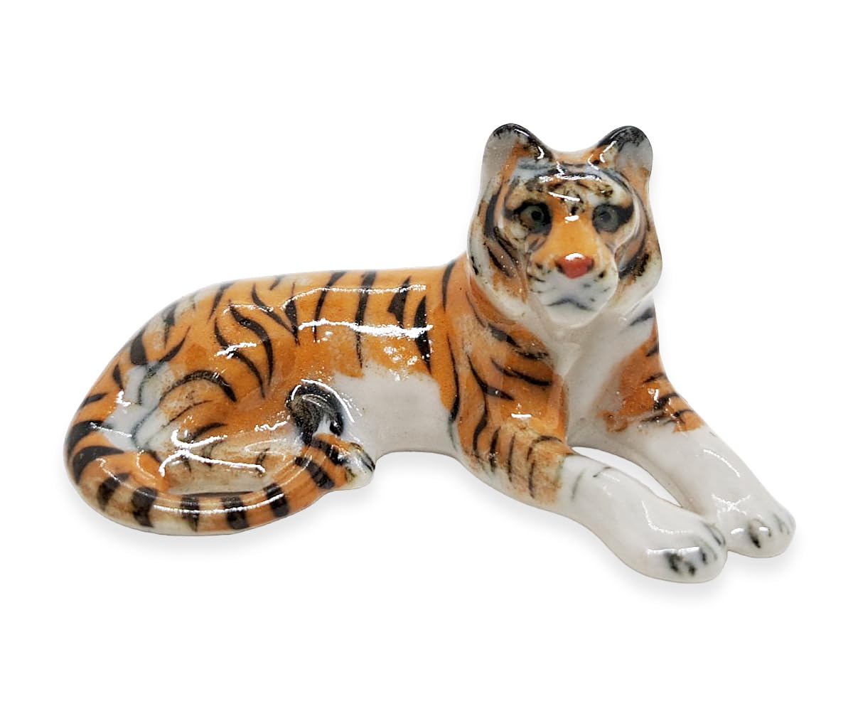 WitnyStore Tiny 1½" Orange Lying Tiger Figurine - Miniature Hand Made Ceramic Panthera Wild Cats Lion Tigers Jaguar Leopard Panthers Animals Small Porcelain Decorative Collectible Figures Décor Gifts