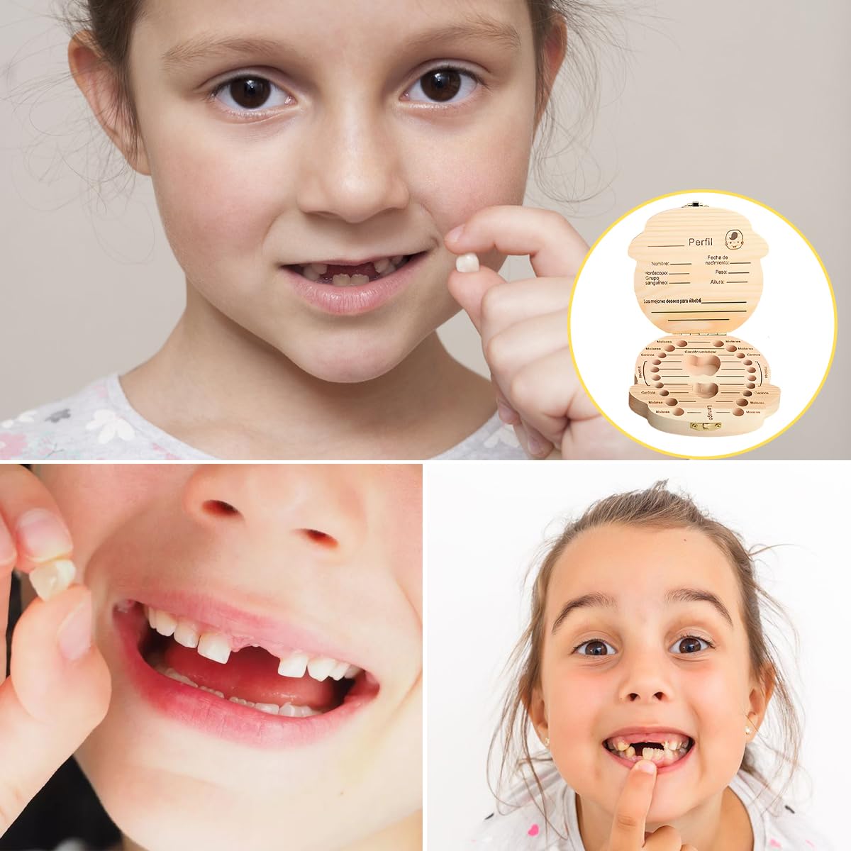 GeekerChip Caja Dientes de Leche Niña en Español,Cajita Madera Guardar Dientes,Caja de Dientes de Madera para Niños,Pinzas, Botecito,Regalo Niña 5 6 7 8 9 Años