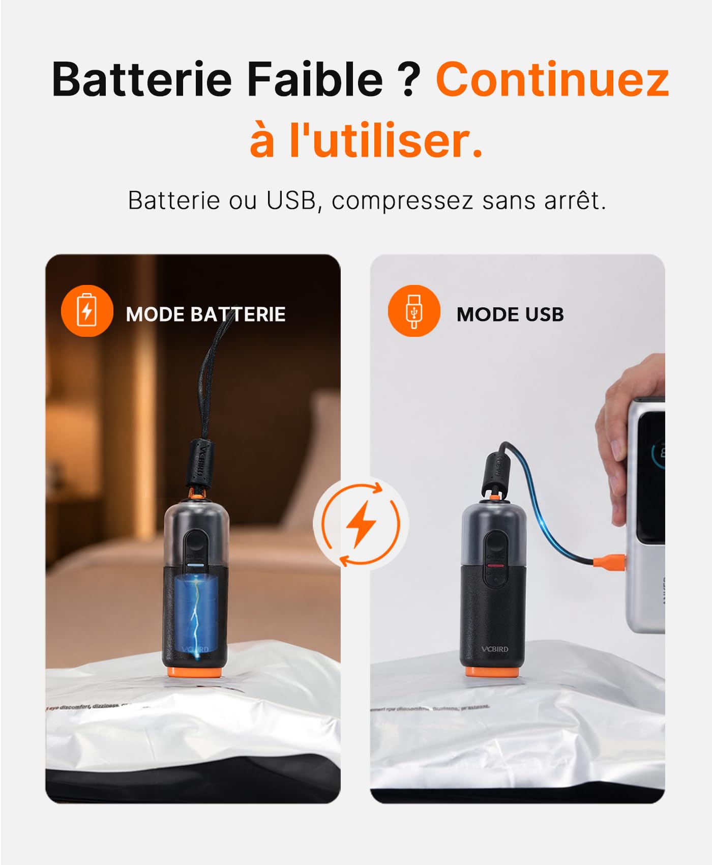 Vacbird 10 Sacs Sous Vide Vetement Aspirateur et Pompe à Vide Rechargeable par USB, 5 x 40x54cm, 5 x 47x64cm, Sac Sous Vide Voyage Résistant–Idéaux pour Voyager et Organiser Vos Bagage