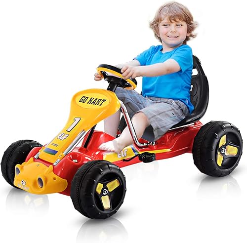 Miniatura 8 de Costzon Go Kart 4 ruedas de paseo en auto pedales de juguete para niños y niñas con asiento ajustable carrito de pedales para niños Rojo