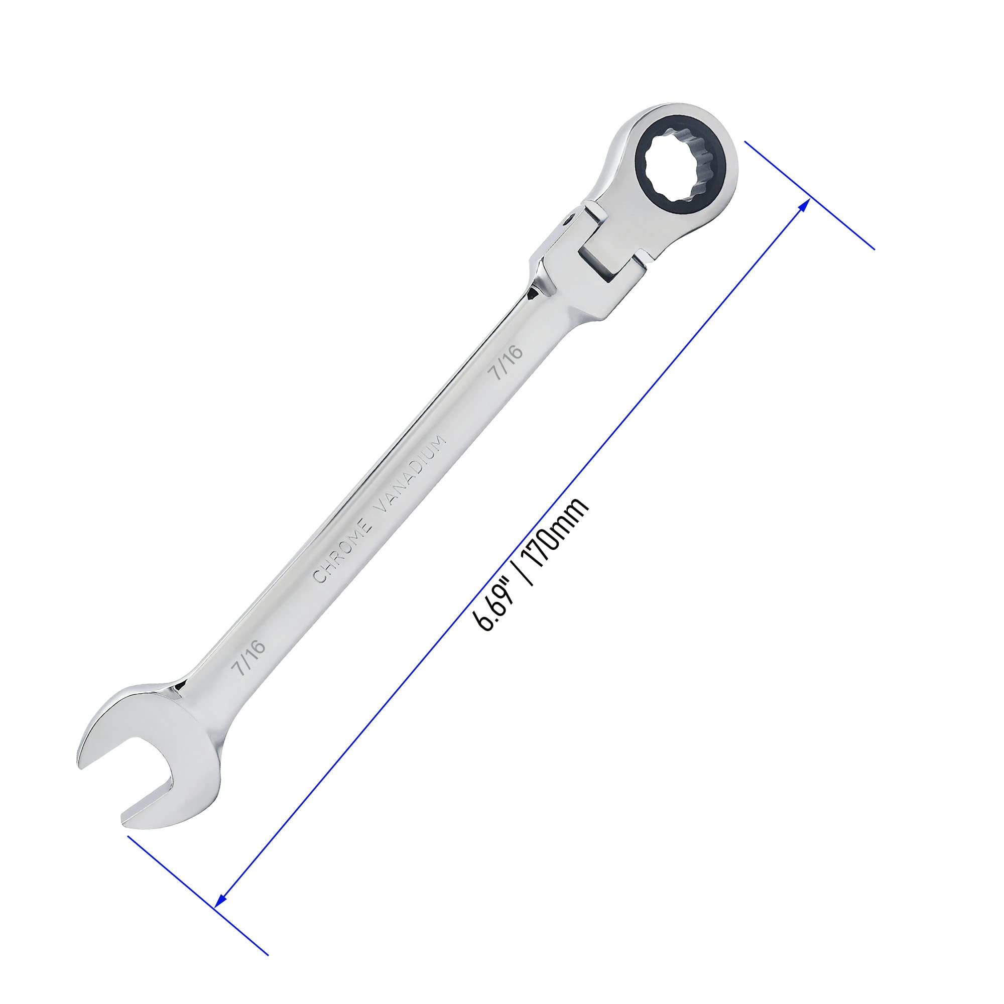 FOCMKEAS 7/16 Inch Flex-Head Ratcheting Combination Wrench SAE 72 Teeth 12 Point Ratchet Box Ended and Open End Spanner Tools - Image 2