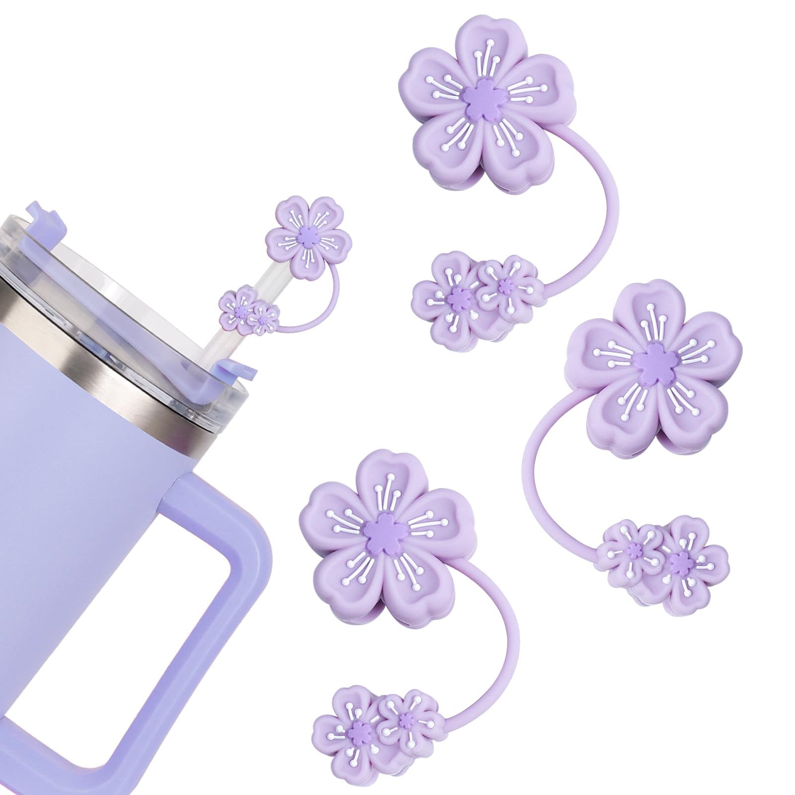 Purple Flower Straw Covers for Stanley Cup Accessories, Silicone Straw Topper for Stanley Cup 30&40oz, 10mm 0.4in Cherry Blossom Straws Cover Cap for Reusable Straws Tips Lids - 3 Pack