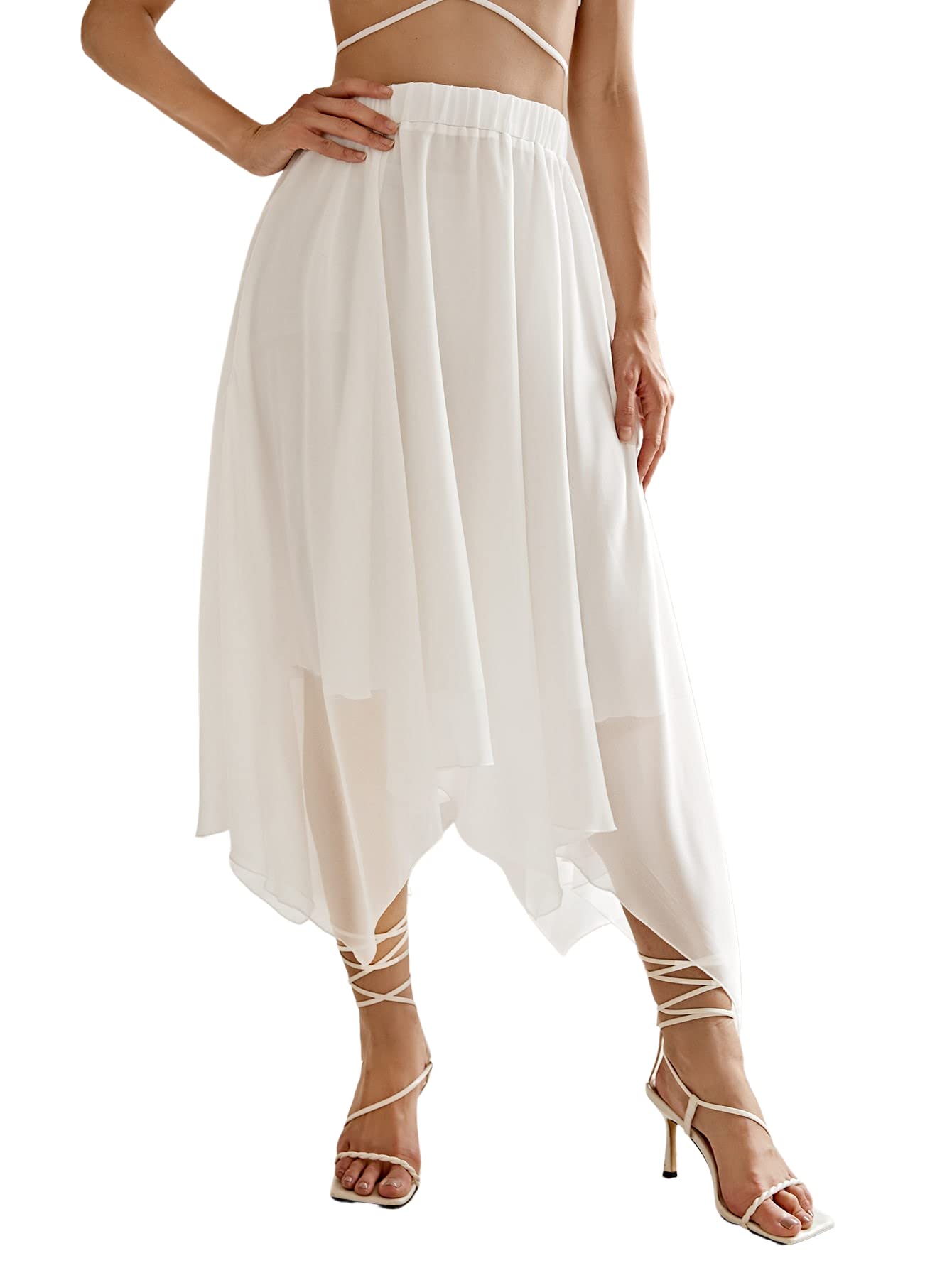 Verdusa Womens Asymmetrical Hem Elastic Waist Chiffon Flowy Long