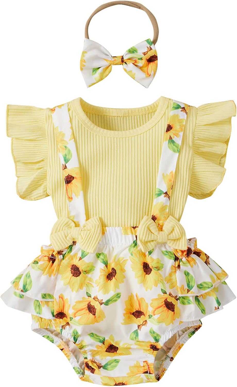 Mubineo Baby Girl Summer Clothes Romper Dress Outfits Cute Ruffle Floral Overalls Skirt Sets Newborn Outfit 0-3 Months Yellow