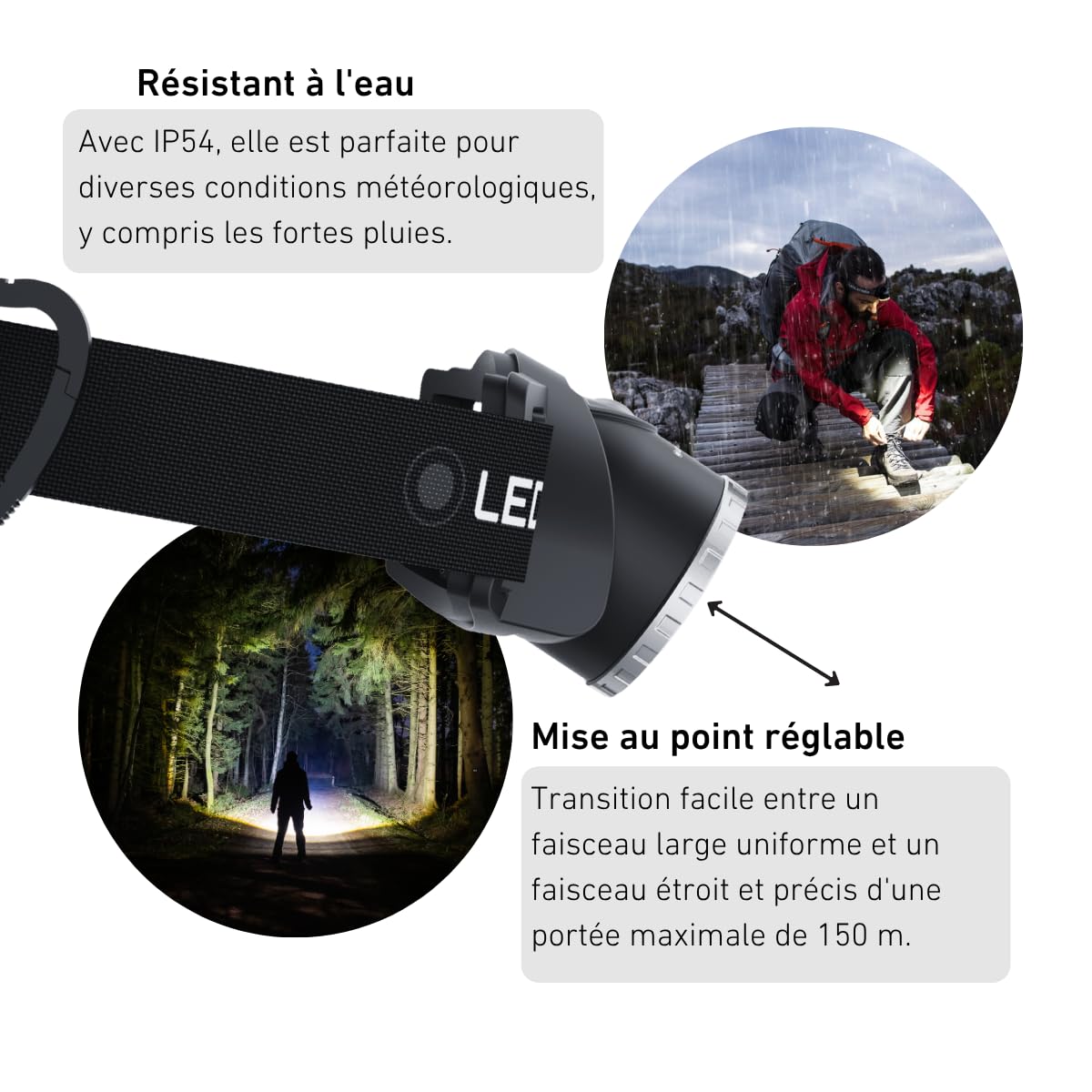 Ledlenser MH10 SE Lampe frontale rechargeable 600lm, 150m, IP54, 120h, 158g | Mise au point réglable, feu arrière rouge, filtres de couleur et pochette inclus, pour camping, randonnée