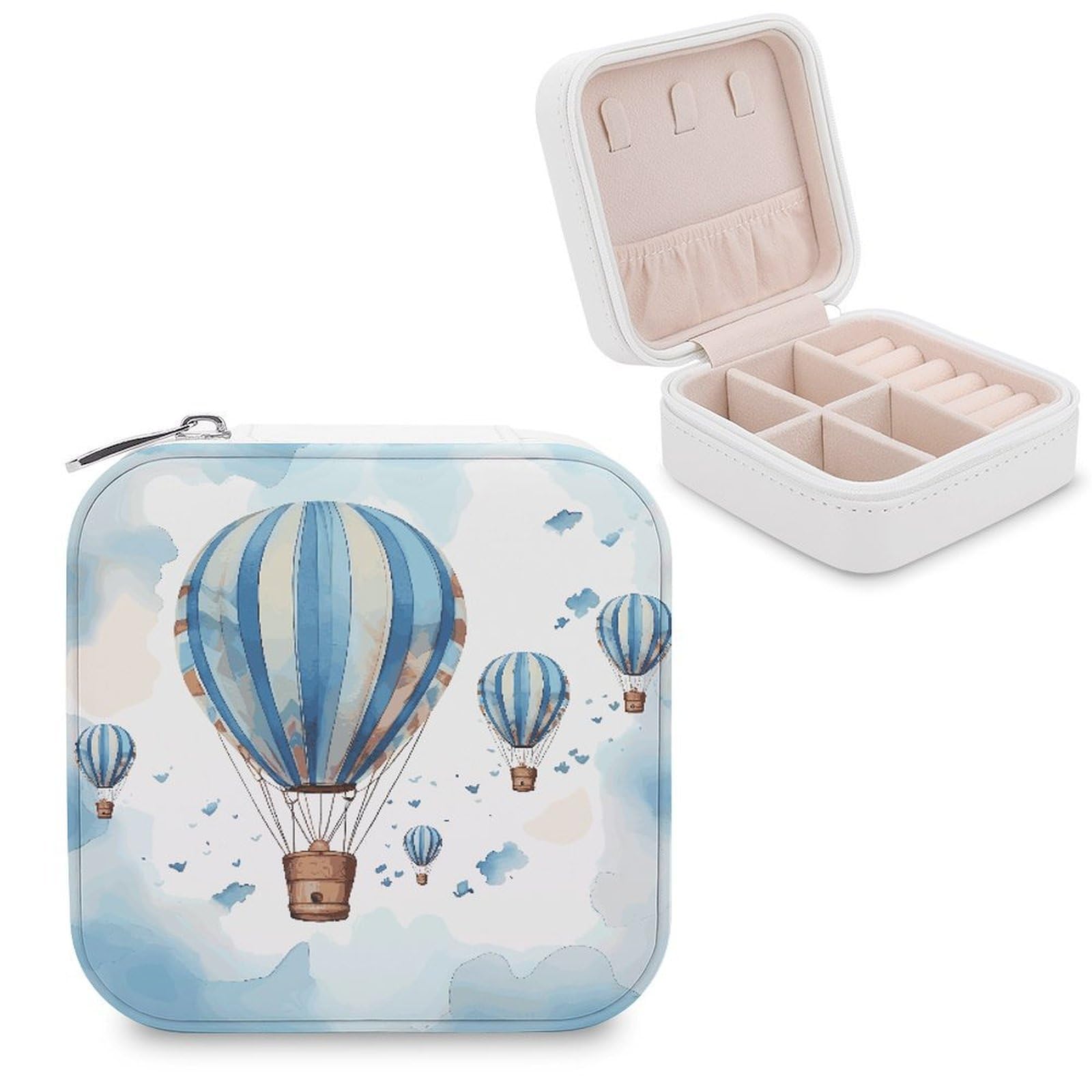 JTREHY Travel Blue Hot Air Balloon Jewelry Case Portable Display Storage Box PU Leather Mini Jewelry Travel Case Personalized Travel Jewelry Organizer Small Jewelry Box for Women