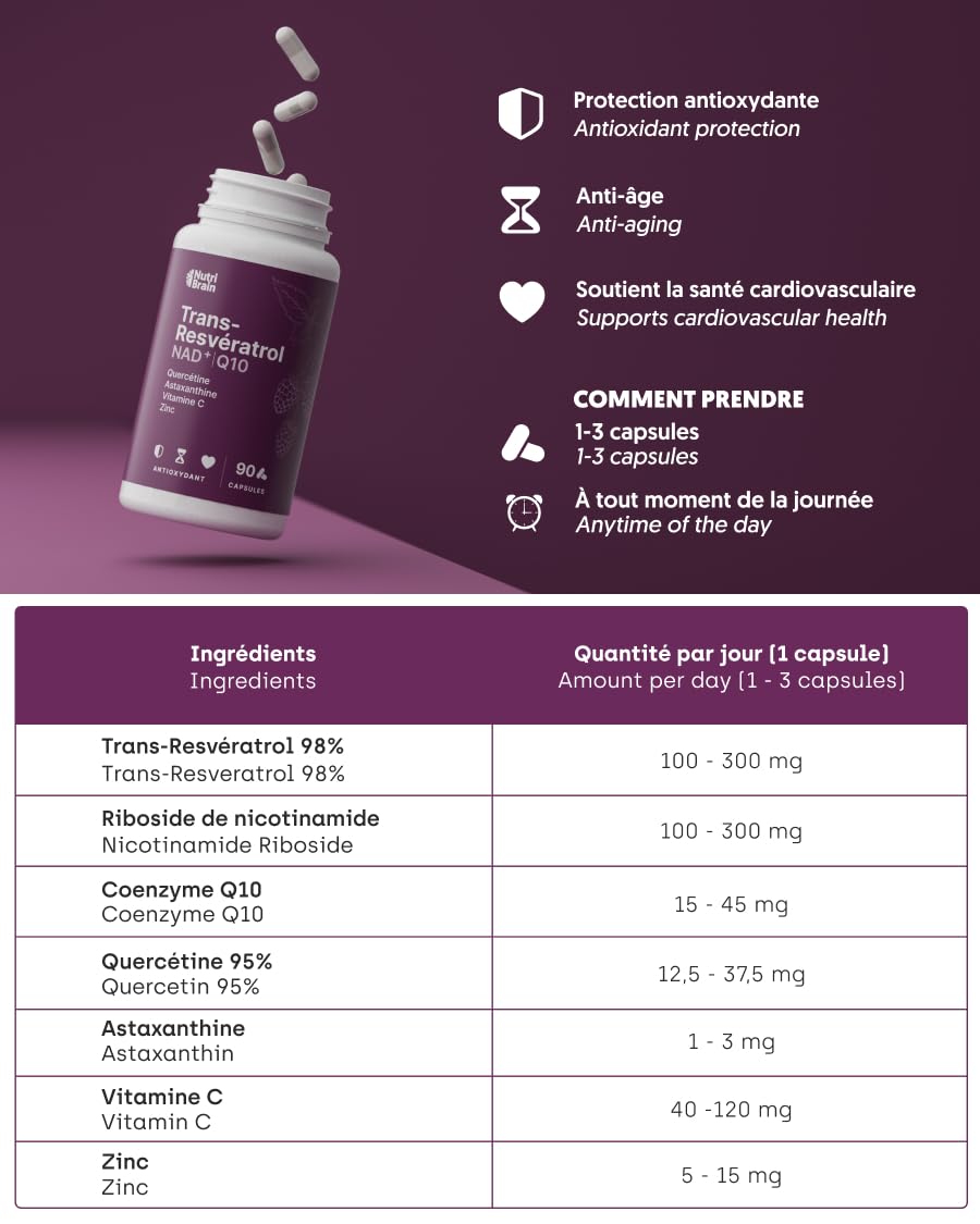 Trans-Resvératrol 98%, NAD⁺, Coenzyme Q10, Quercétine, Astaxanthine, Vitamine C & Zinc | Antioxydant Puissant, Anti-Âge & Immunité | 90 Gélules | Formule Avancée 7 Actifs Synergiques | 3 Mois