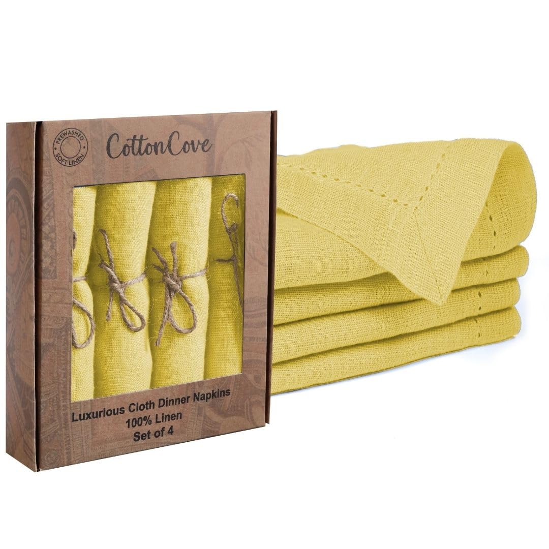 CottonCove 100% Linen Hemstitch Dinner Napkins - Soft Durable Washable - Ideal for Farmhouse Parties Wedding Holidays Christmas - Perfect Everyday Use Set of 4 Table Cloth Napkins 46x46 cm Yellow