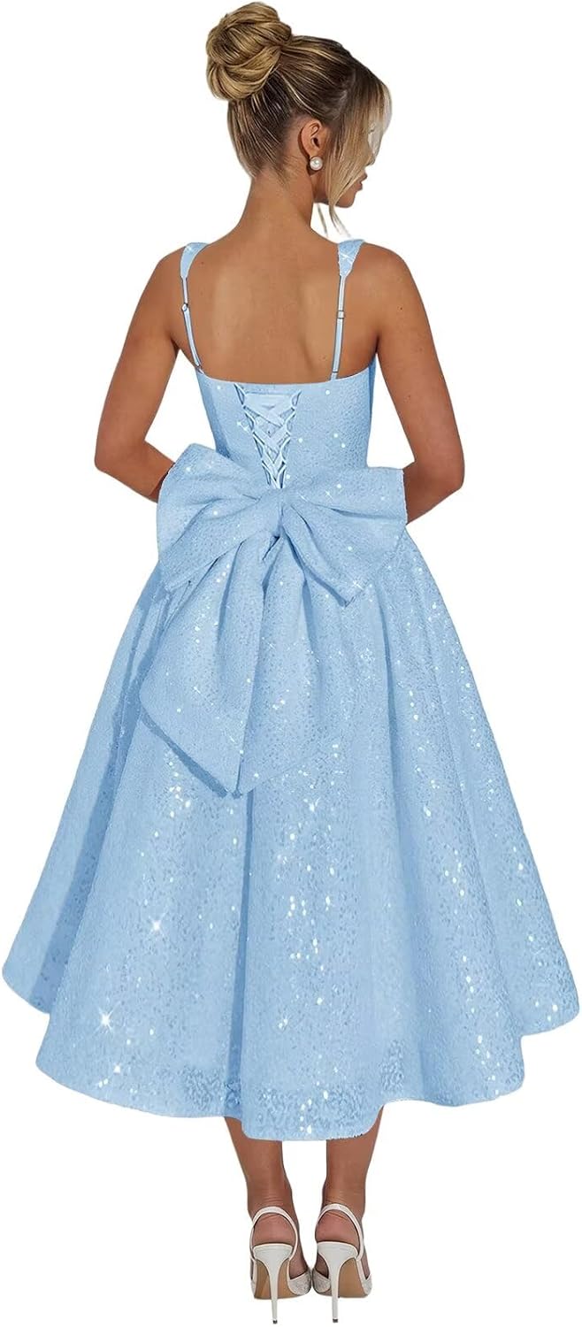 Smileven Sparkly Sequin Prom Dresses with Bow Tea Length Formal Cocktail Party Gowns