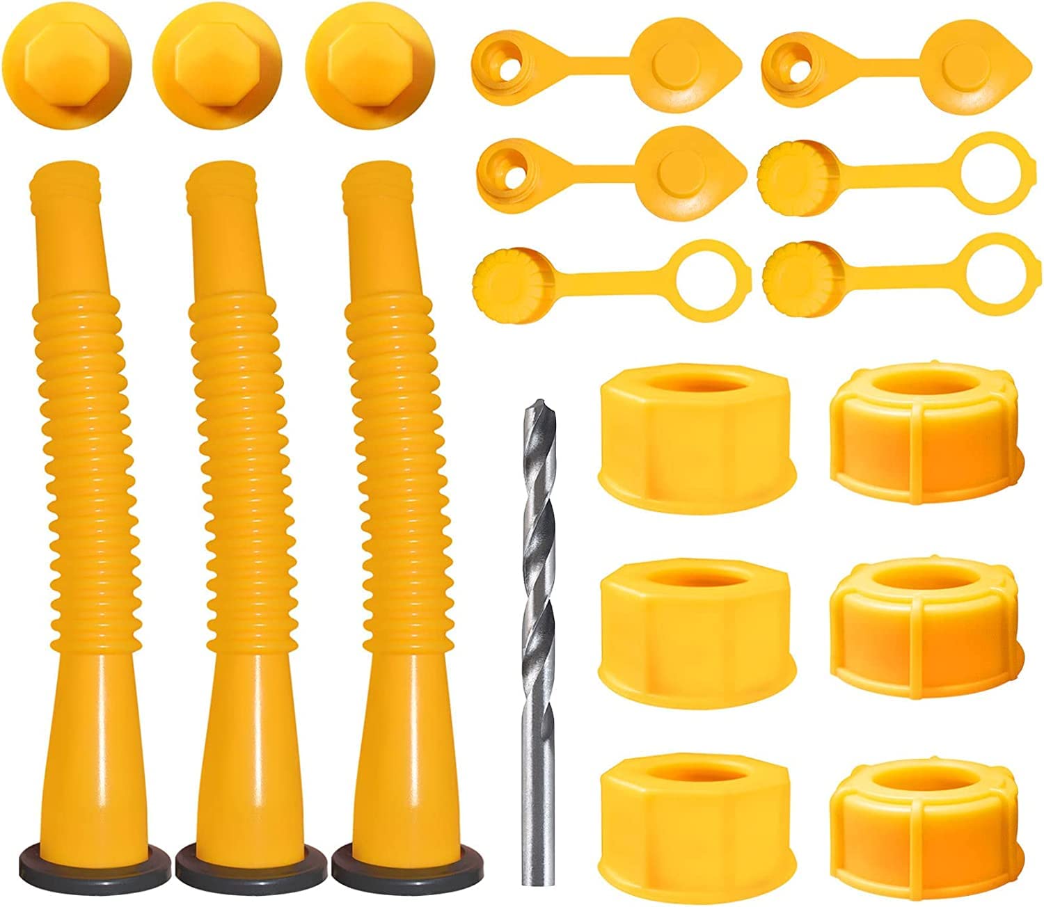 THE WHITE SHOP 25pcs Gas Can Spout Replacement, Gas Can Nozzle,(3Kit-Yellow) with 6 Screw Collar Caps with Gas Can Vent Caps, Thick Rubber pad, Spout Cover, Base Caps