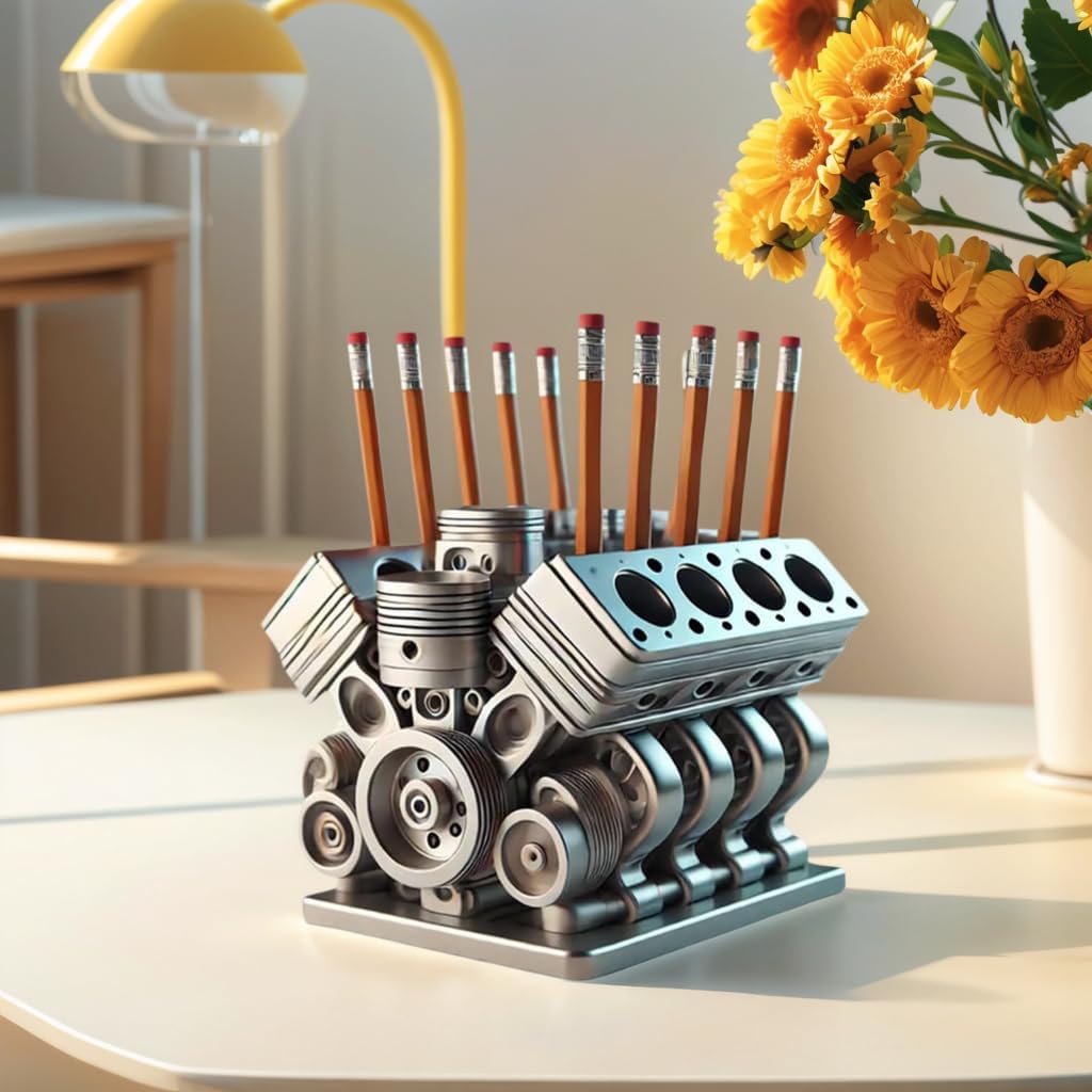 Pen Holder with V8 Engine,Engine Desk Organizer,Name Card and Pen Holder,Engine Block Desk Organizer, Car-Themed Office Accessory Gift for Enthusiasts, Desk Decor (A)