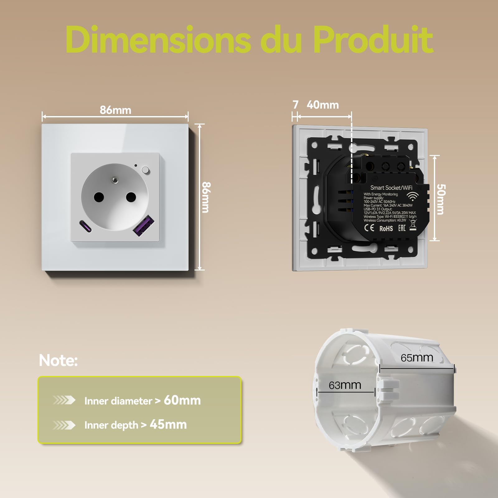 BSEED Prise Connectée WiFi, Prise Programmable Electrique avec PD 20W USB/TYPE C, Fonction de surveillance énergétique, Compatible avec Alexa/Google Home/Tuya APP, 86mm, 2Pack, Blanc