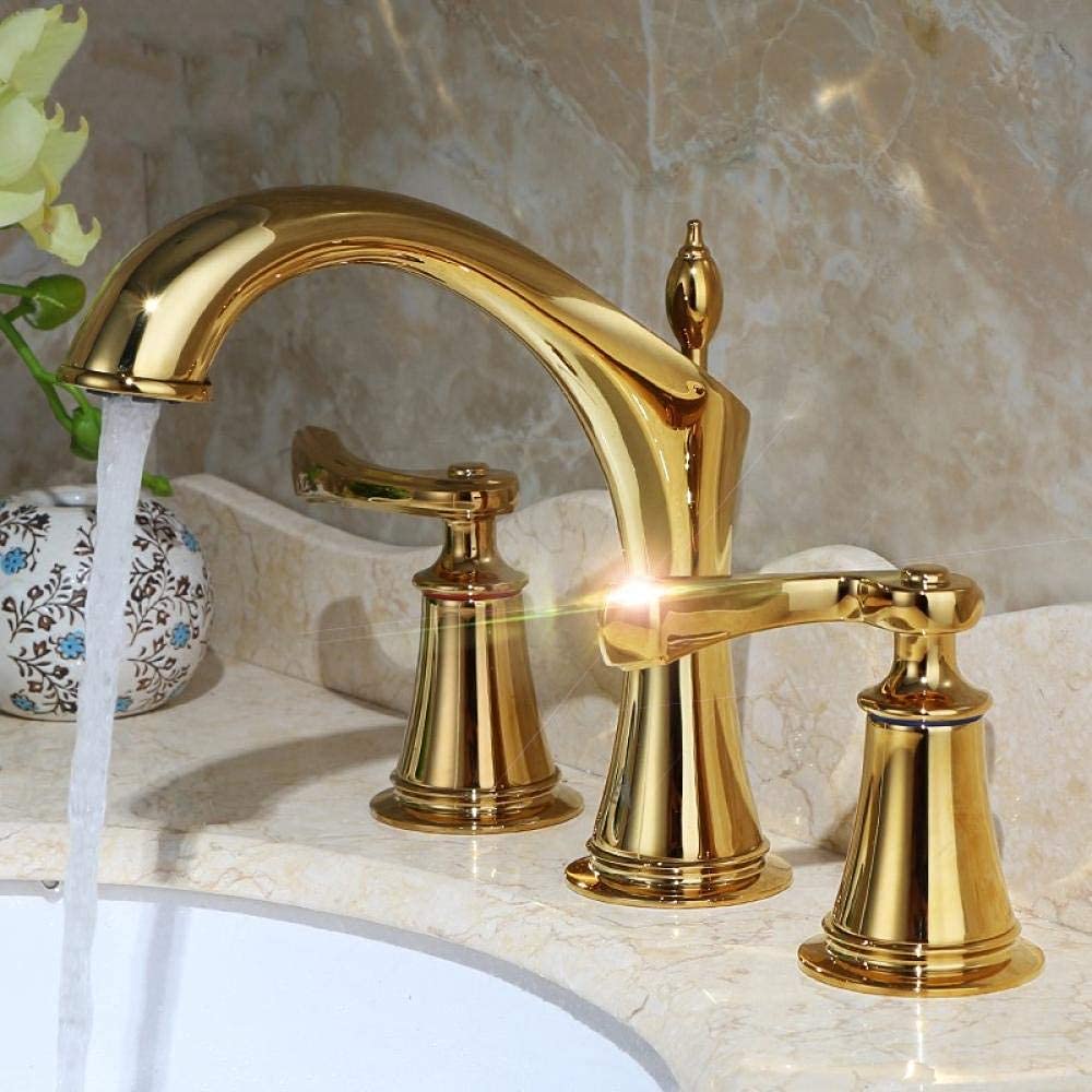 Water tap, Chrome and Gold Brass 2-Handle Widespread Lavatory Faucet Mixer Double Handle Tap