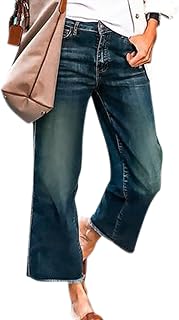 Women's Wide Leg Jeans 90S Vintage Zipper Fly Raw Hem Pull On Mid Rise Straight Leg Jeans Denim Pants
