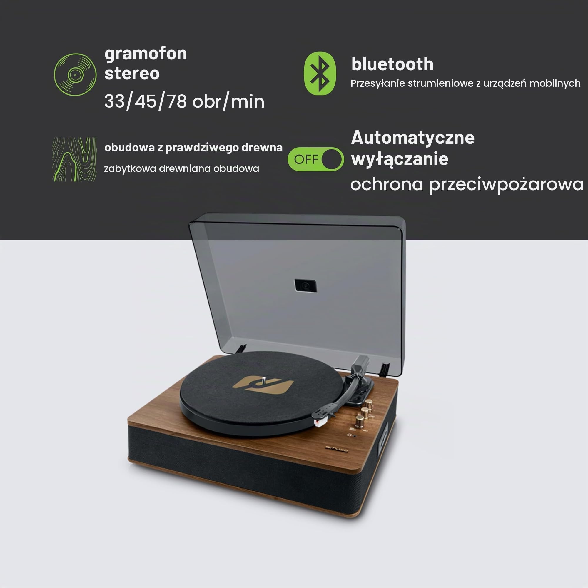 Muse MT-106 BT Gramofon Stereo Drewno