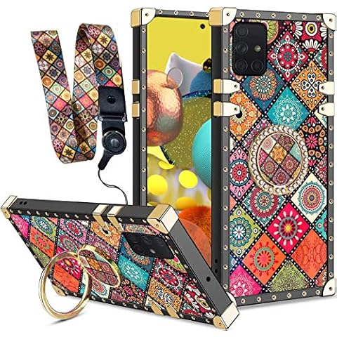 Samsung Galaxy A51 5G Case, Kickstand Ring Holder Clip Exotic Colorful Square Diamond Rivet Crystal Anti-Shock Protective Soft Slim Shockproof TPU Shell Cover for Samsung A51 5G - Mandala Flower Cover