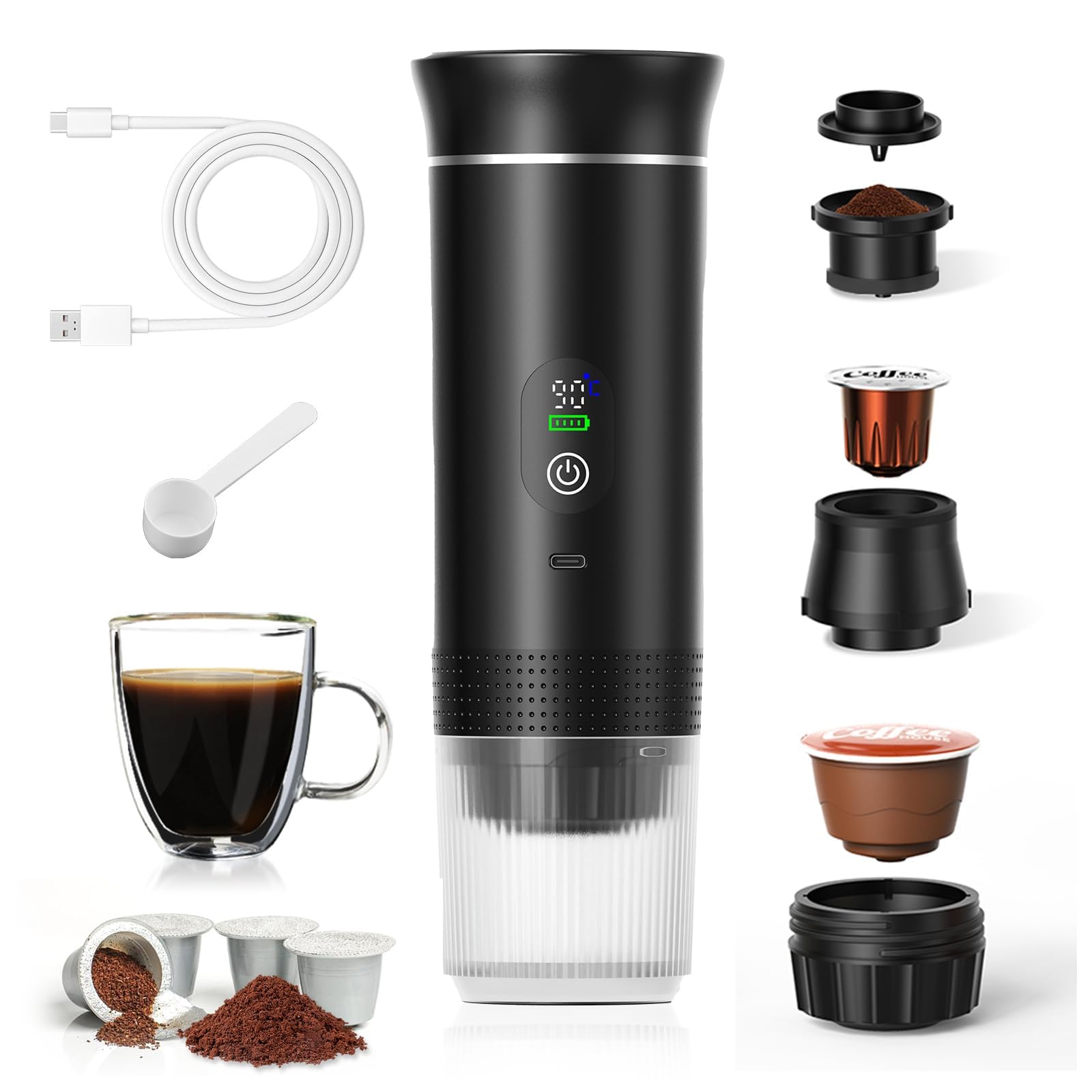 Cafetera Portátil 3-en-1, Pantalla Inteligente de Temperatura, Calentamiento Rápido 80ml Presión 20 Bares, Compatible Cápsulas 7500mAh USB-C Viajes y Oficina (Negro 2025)