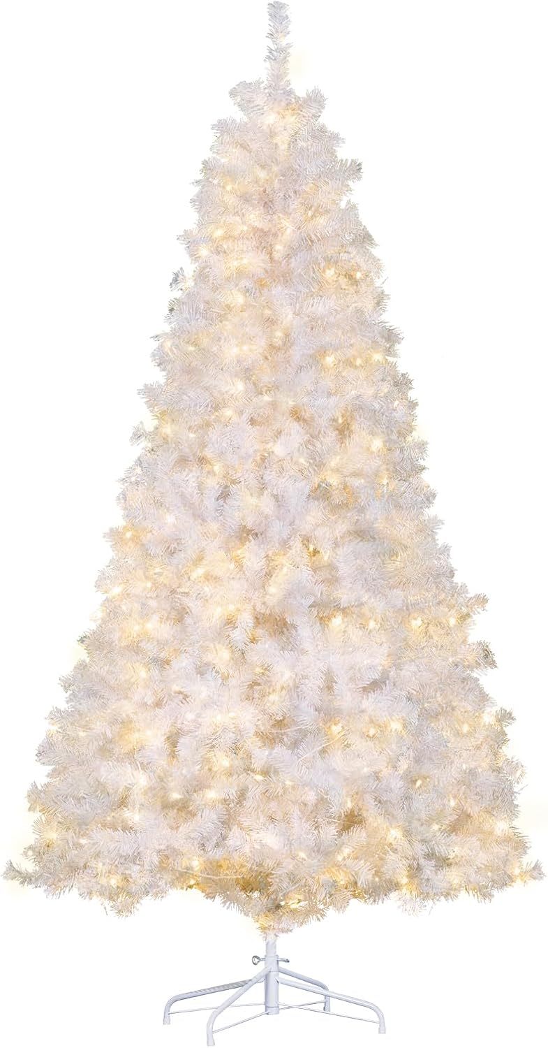 White Christmas Tree, 7.5FT Artificial Xmas Tree with Warm White & Multi-Color Lights, Holiday Tree Metal Hinged Christmas Tree for Home Party Decoration Indoor Outdoor Use