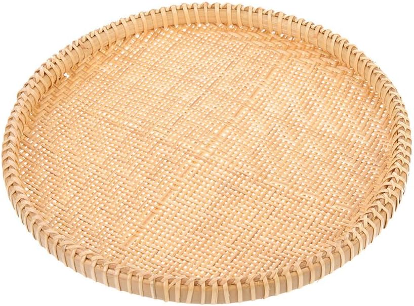 Veemoon Round Bamboo Woven Tray, 10inch Hand Weave Rattan Food Bowl Holder Farmhouse Rustic Bread Basket Bamboo Weaving Sieve Plate for Fruit Vegetables Bread Snacks Serving
