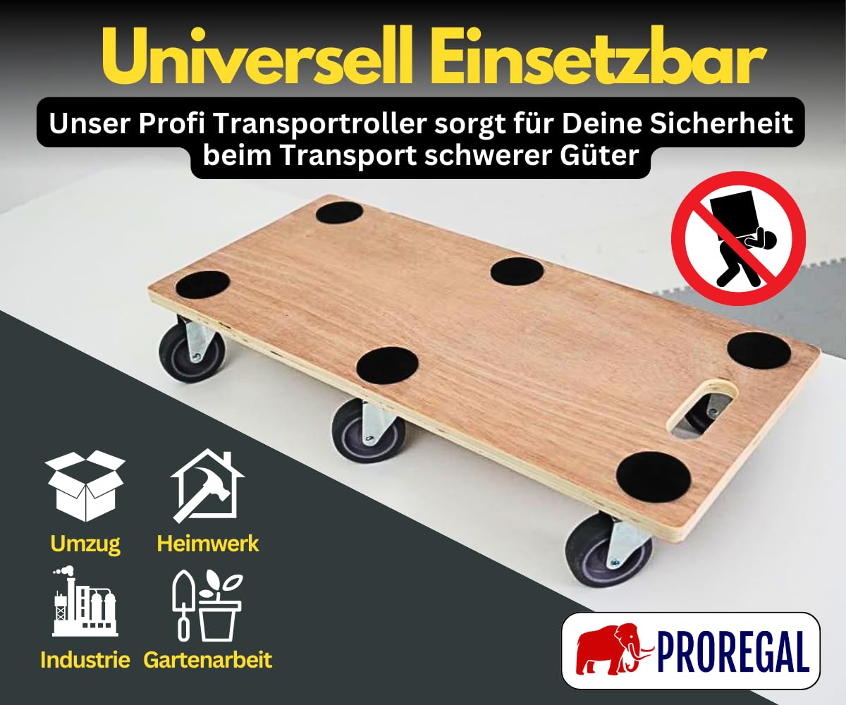 PROREGAL Profi Transportroller Hercules 30x68 cm Schwerlast bis 300 kg mit 6 Gummirollen & Griff, Sperrholzplatte, Rollbrett für Möbel Möbelroller Transporthilfe für Umzug Pflanzen Werkstatt