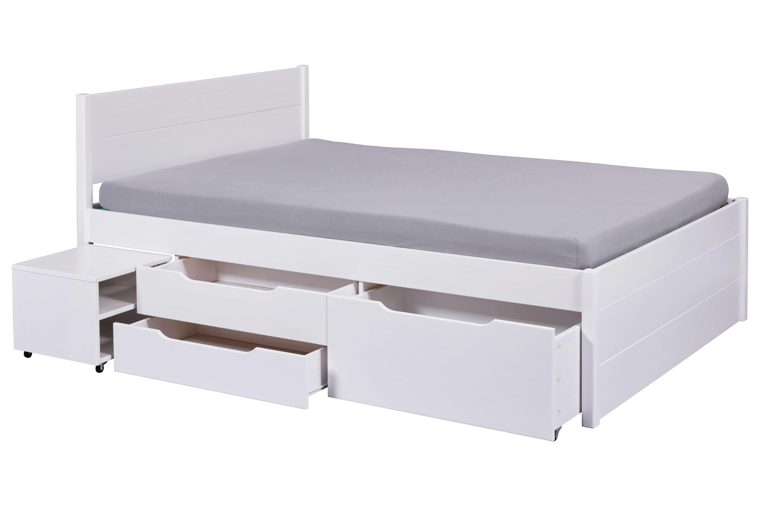 Inter Link - Bett mit Schubladen - Doppelbett 180x200 cm – Kojenbett mit Stauraum – Kiefer massivholz – 4 Schubladen und 2 Schubkasten – Inkl Lattenrost – Weiß lackiert – Efetivo 180x200cm