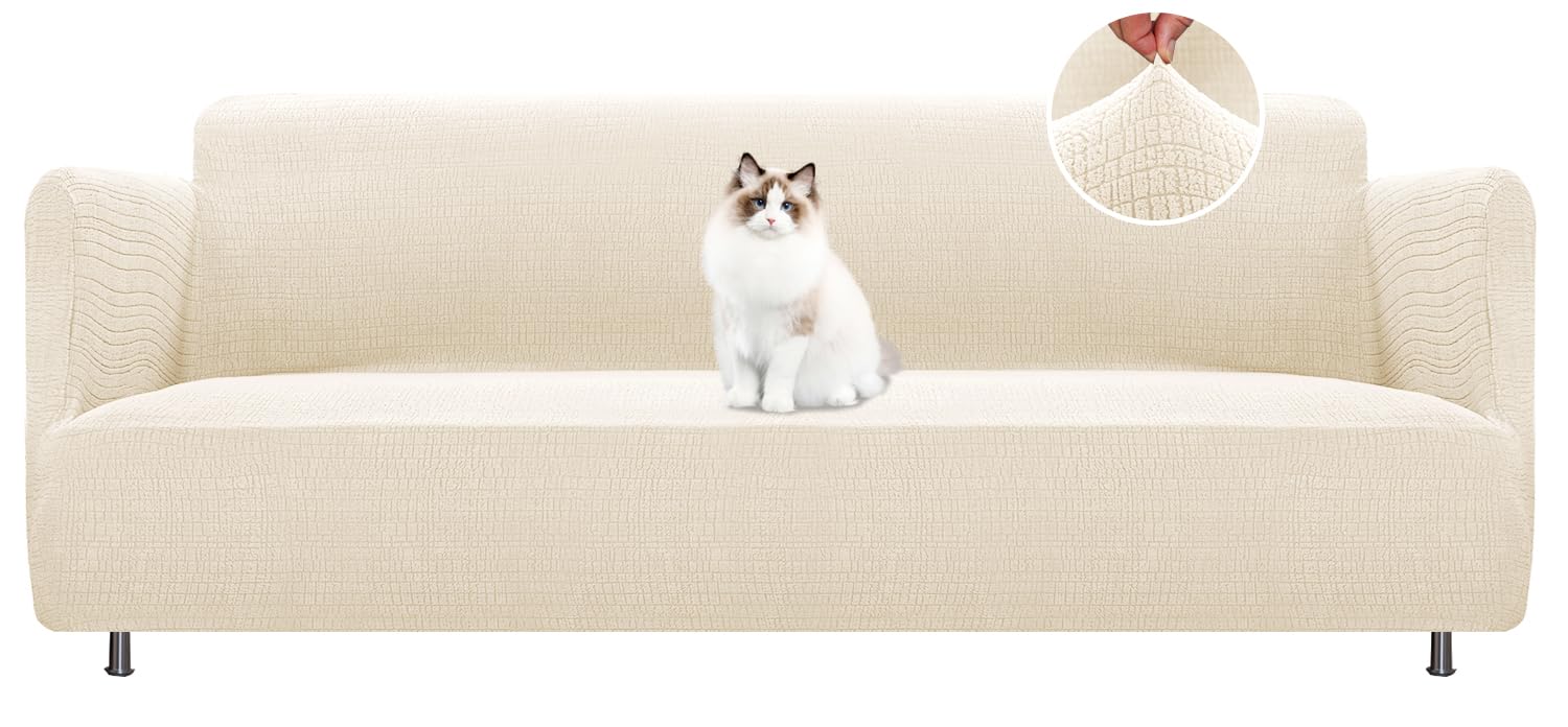 BellaHills Copridivano Grande 3 Posti Con Braccioli(225-260cm), Jacquard Copri Divano Antigraffio Gatto, Copridivani Elasticizzati, Fodera Divano Antimacchia Lavabile Antiscivolo, Naturale