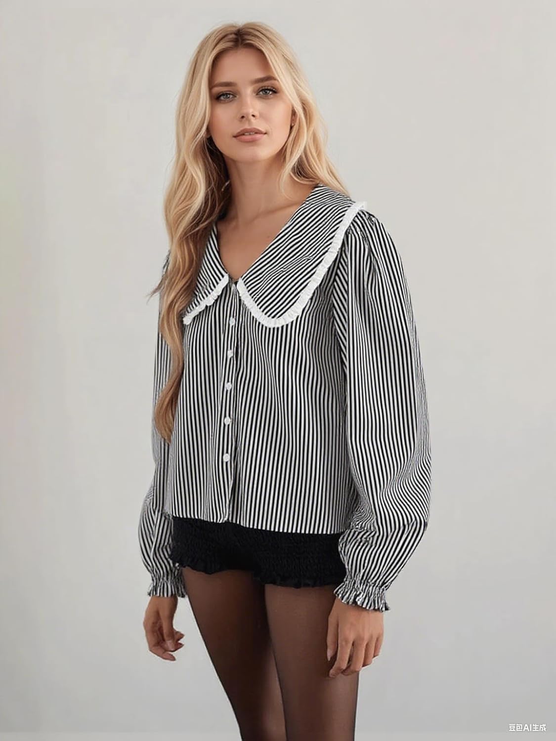 Striped Button Down Shirts for Women Casual V Neck Long Sleeve Blouse Loose Puff Sleeve Babydoll Tops Business Work - Image 2