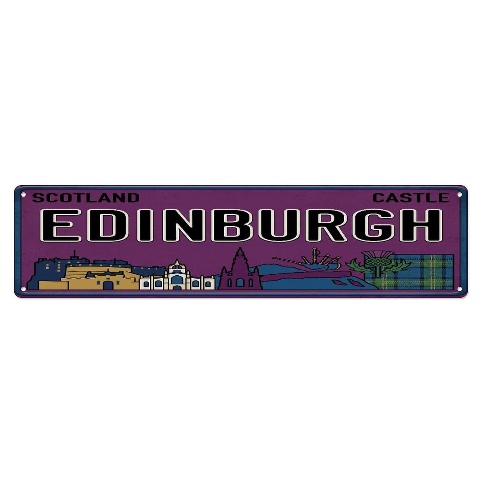 Metal Tin Sign Vintage Travel Edinburgh Scotland Castle Bagpipes