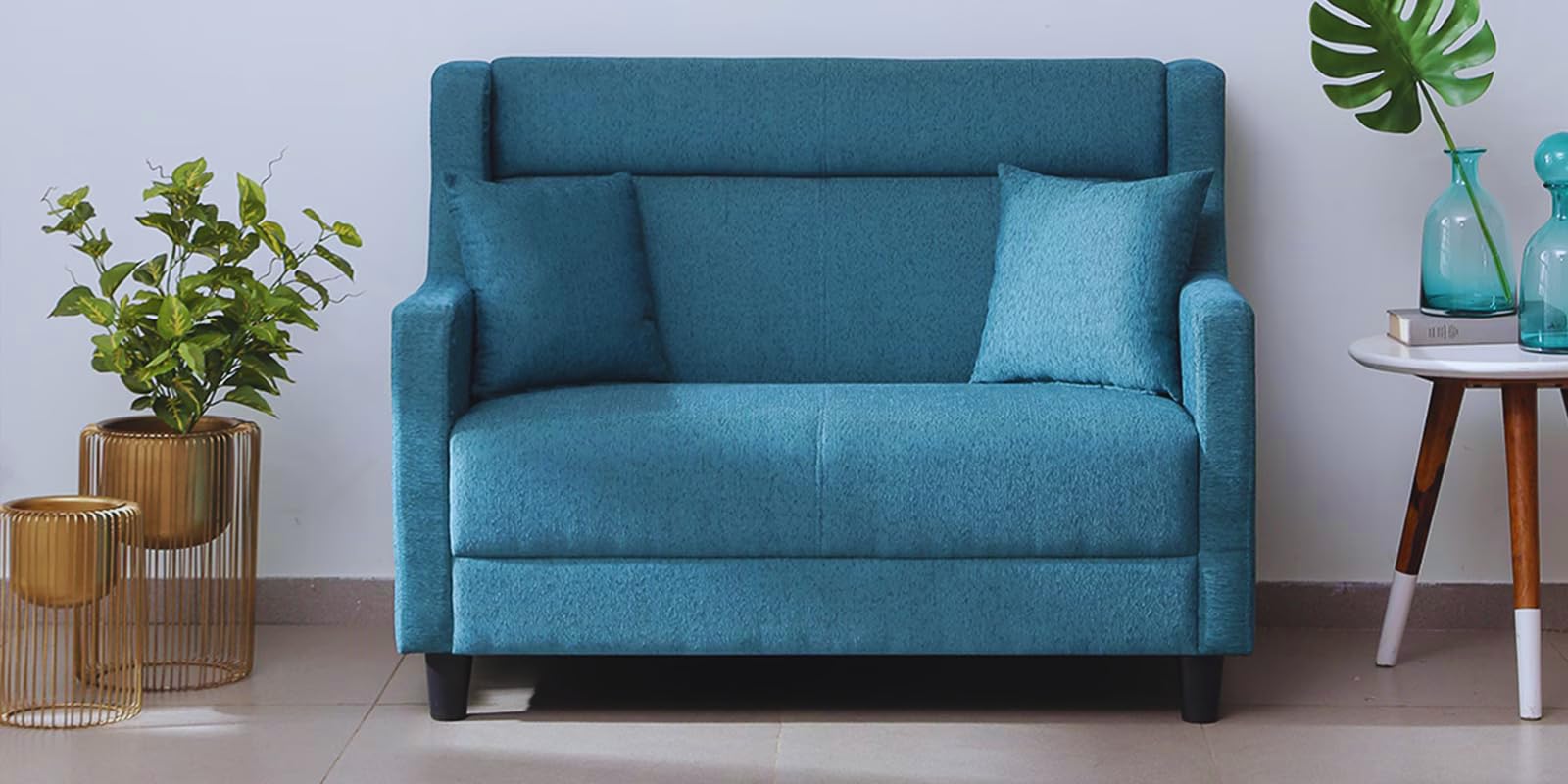 Fabric/Pine Wood/Foam with Elastic Webbing & Lashing Belt Suspension Pingal 2 Seater Sofa with Plain Cussion - Blue-image-45