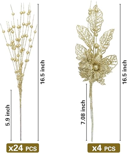 Miniatura 2 de ROSELEAF Paquete de 28 adornos artificiales de tallo de bayas con purpurina, adornos de Navidad dorados, ramas de flores, púas para decoración del