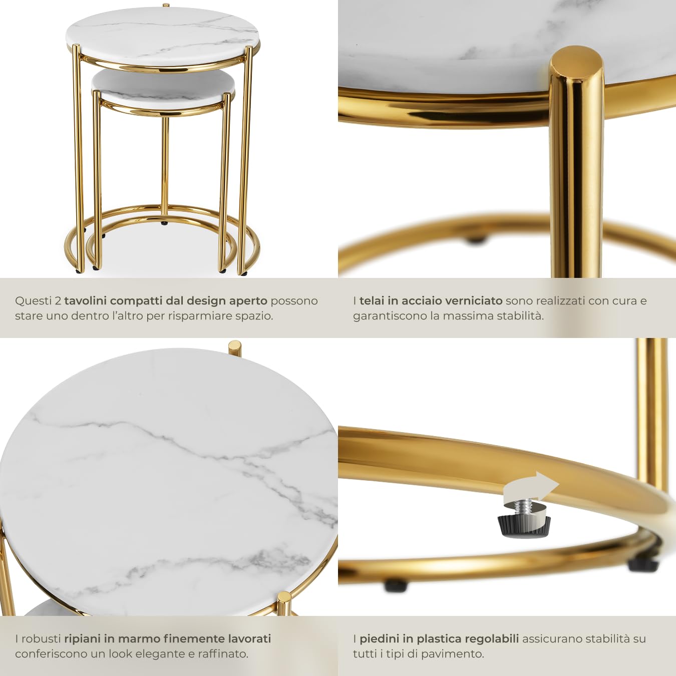 tectake® Set di 2 tavolini salotto in marmo, base in metallo, tavolino da caffè, tavolo basso rotondo, tavolino basso in marmo moderno per salotto, soggiorno,metallo, tavolo da balcone - Bianco/Oro