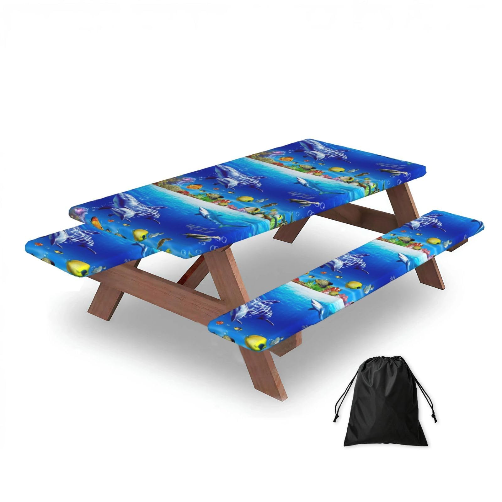 Dopklna As Picture Seabed Coral Fish, Picnic Table Cover With Bench Covers -Waterproof Elastic Fitted Tablecloth For Garden Camping Patio 76X152cm