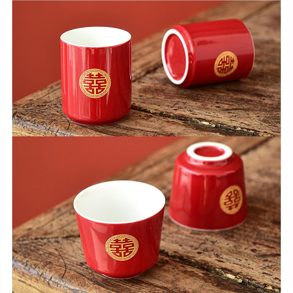 GVILTY Juego de té de porcelana roja china, juego de té chino Kung Fu, tetera doble felicidad, suministros de decoración de boda tradicional china, servicio de té de cerámica rojo 1-6 tazas