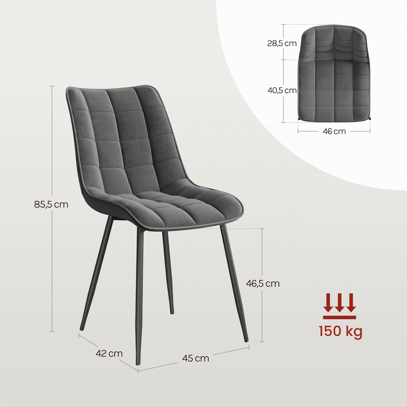 WOLTU Esszimmerstühle 2er Set, für Wohnzimmer Küche Esszimmer, Küchenstühle gepolstert mit Rückenlehne, Sitzfläche aus Samt, mit Metallbeinen, bis 150 kg belastbar,Dunkelgrau