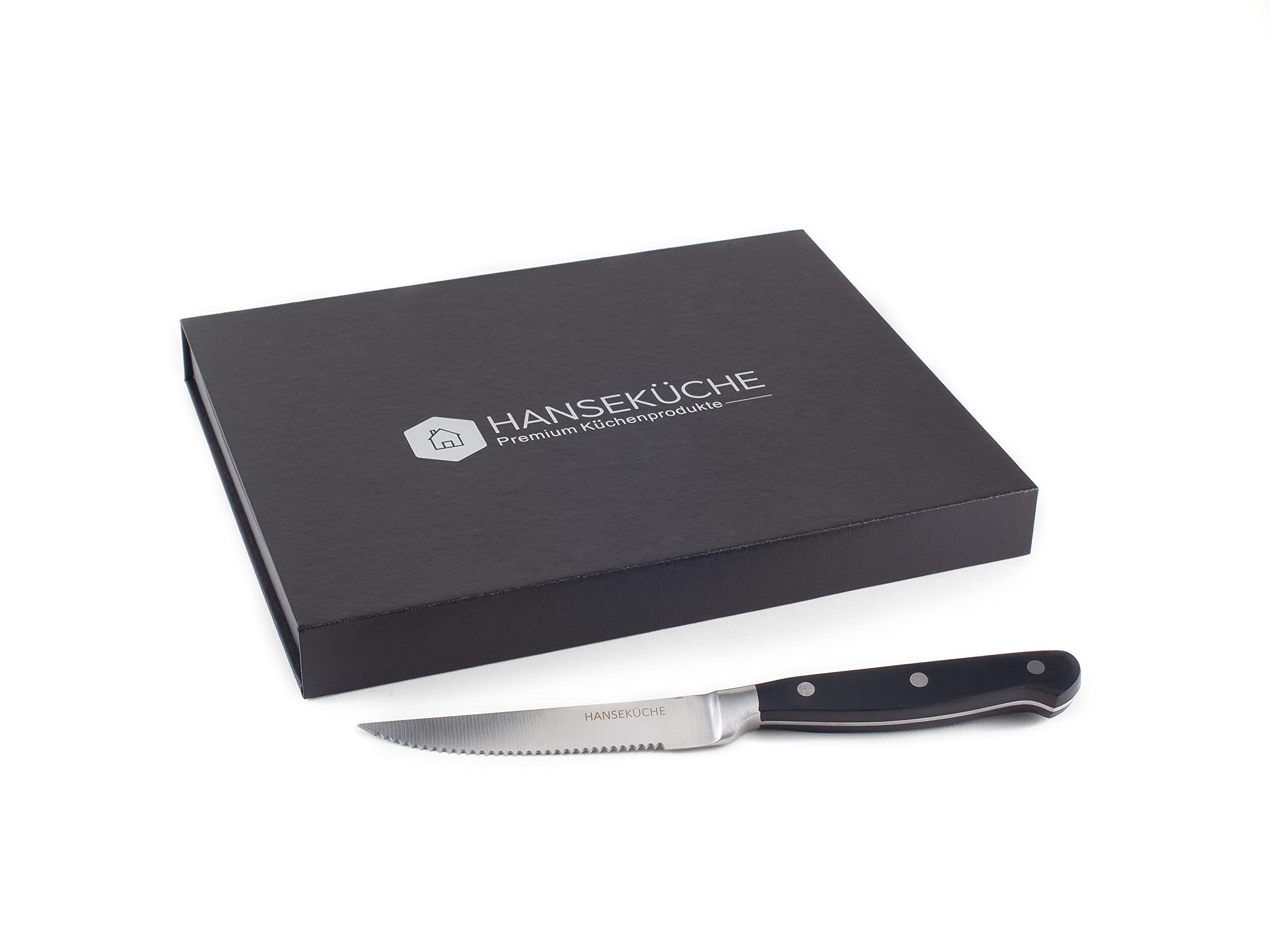 Hanseküche Set di Coltelli da Bistecca – 6x Coltelli da Bistecca di Alta Qualità con Manico in Legno – Elegante Set di Posate in Acciaio Speciale Inossidabile con Lama Seghettata e Confezione Regalo