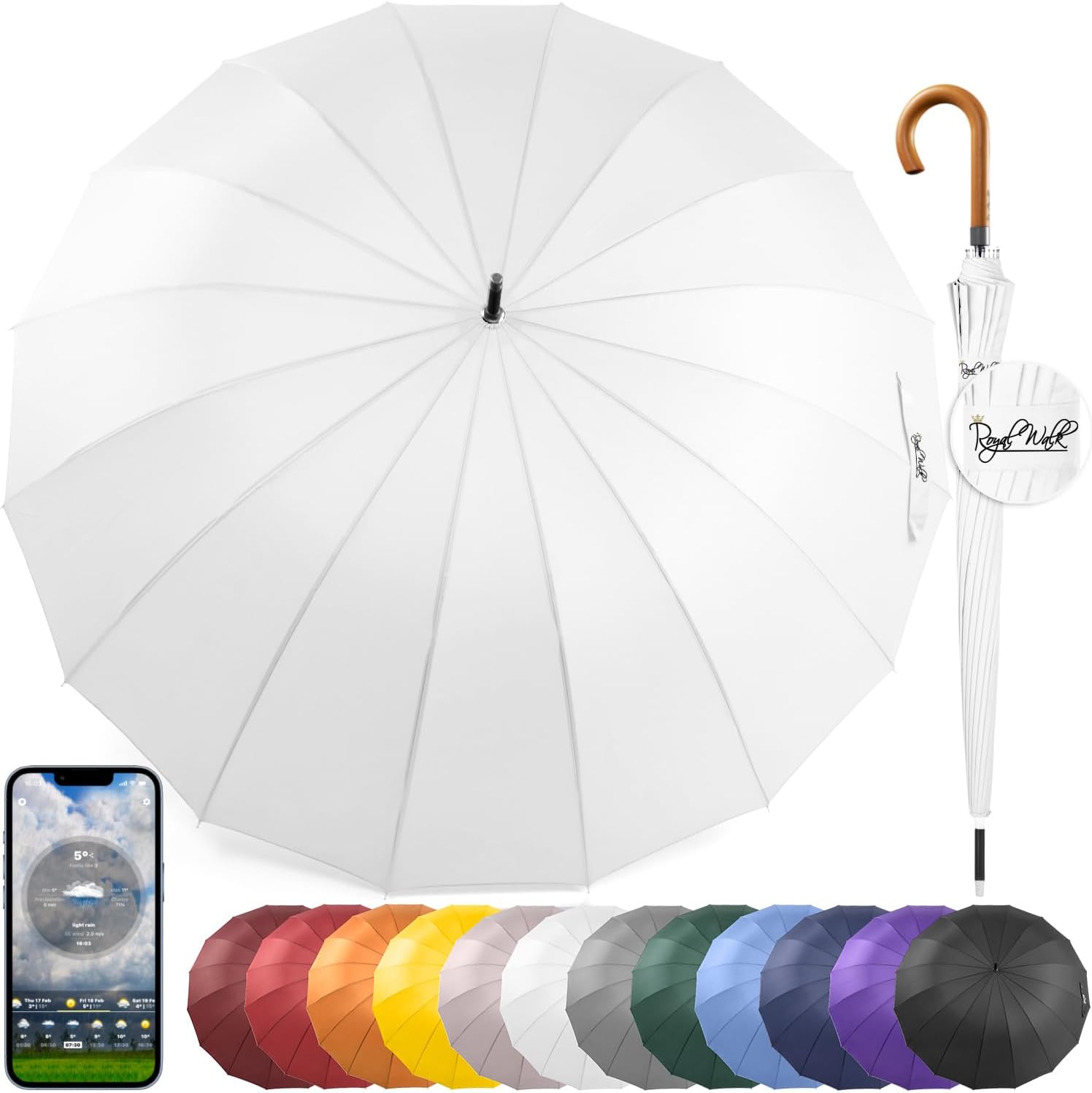 Royal Walk Windproof Large Umbrella for Rain 54 Inch Automatic Open for 2 Persons Wind Resistant Big Golf Umbrellas for Adult Men Women Classic Wooden Handle Fast Drying Strong 16 Ribs Travel 120cm White