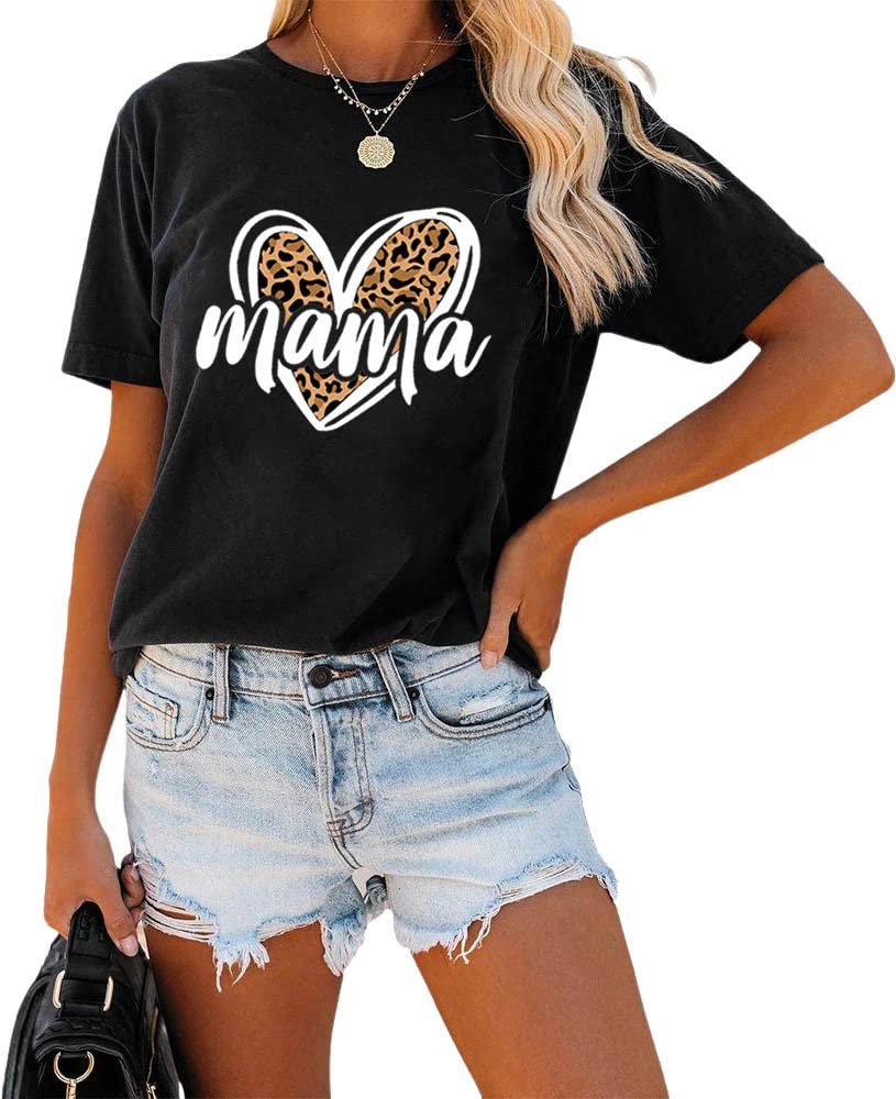 TomteamellWomens Leopard Heart Mama T-Shirt Love Cheetah Print Mom Shirts Graphic Tees Tops